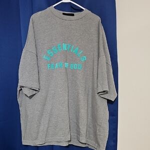 Fear of God Essentials Mens Heather Gray Tee with Aqua Print